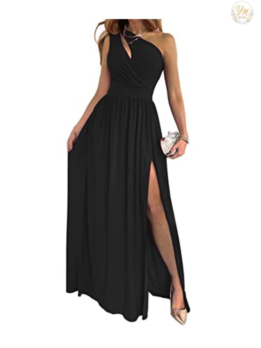 Women's One Shoulder Cutout Pleated Maxi Dress Sleeveless High Slit Formal